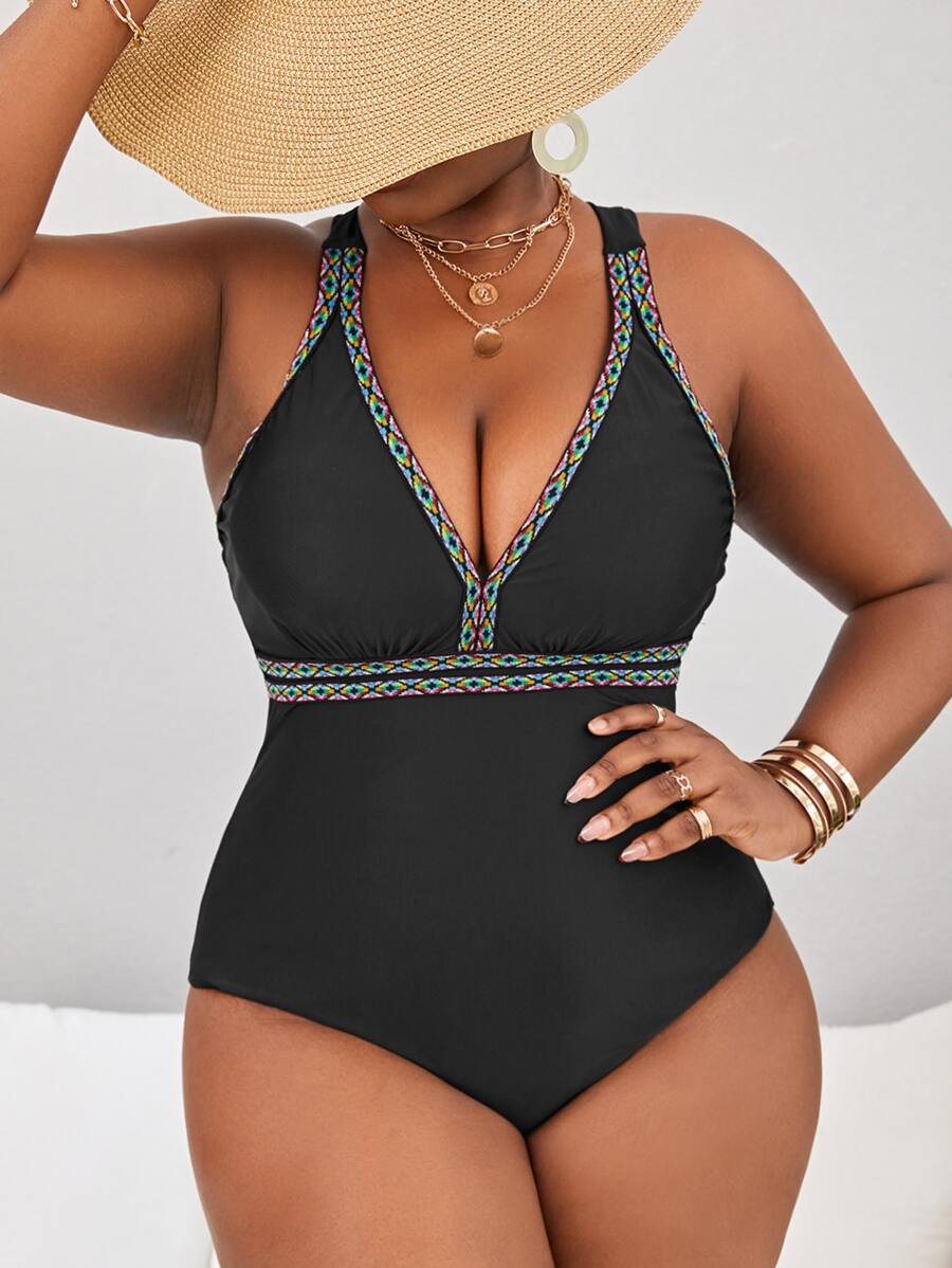 SHEIN Swim Curve Summer Plus Size Contrast Trim Crisscross Backless One Piece Swimsuit - Black - View 1