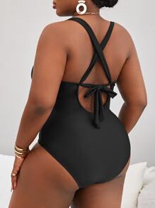 SHEIN Swim Curve Summer Plus Size Contrast Trim Crisscross Backless One Piece Swimsuit - Black - View 2