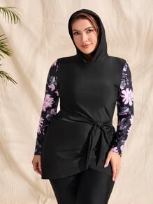 Mulvari Plus Size Floral Print Tie Front Full Body Rashguard Summer Beach - Black - View 6