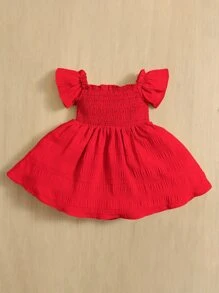 SHEIN Baby Girl Shirred Butterfly Sleeve Dress Is Comfortable, Cute And Sweet, Suitable For Summer