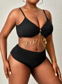 Plus Size Chain Detail Bikini Set Summer Beach - Black - View 4