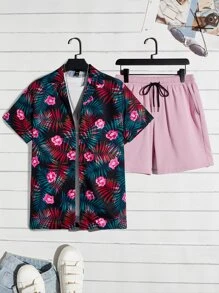 Manfinity RebelGame Men Tropical Print Shirt & Drawstring Waist Shorts Without Tee - Multicolor - View 1