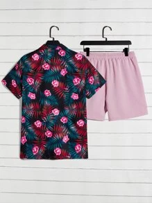 Manfinity RebelGame Men Tropical Print Shirt & Drawstring Waist Shorts Without Tee - Multicolor - View 2