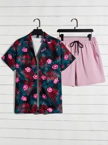 Manfinity RebelGame Men Tropical Print Shirt & Drawstring Waist Shorts Without Tee - Multicolor - View 9