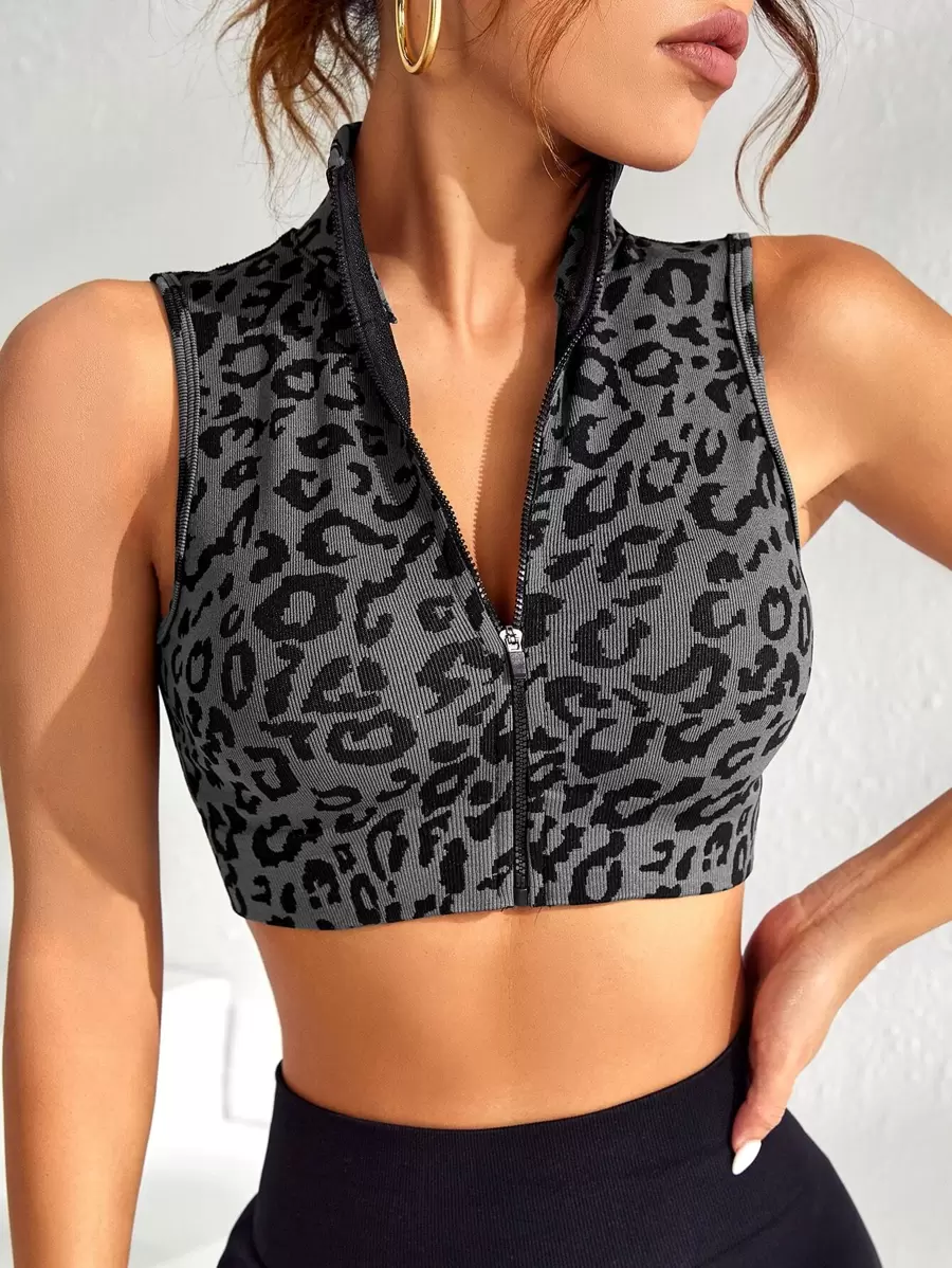 Yoga Trendy Áo Tees & Tanks  Thể thao Nữ Dây kéo In hoa Báo - Xám - Xem 1