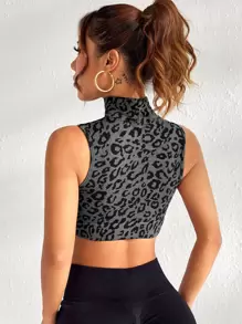 Yoga Trendy Áo Tees & Tanks  Thể thao Nữ Dây kéo In hoa Báo - Xám - Xem 2