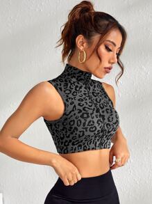 Yoga Trendy Áo Tees & Tanks  Thể thao Nữ Dây kéo In hoa Báo - Xám - Xem 4