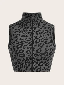 Yoga Trendy Áo Tees & Tanks  Thể thao Nữ Dây kéo In hoa Báo - Xám - Xem 6