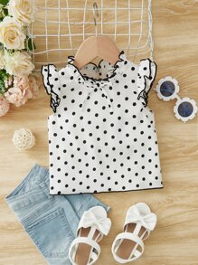 SHEIN Baby Girl Polka Dot Print Ruffle Trim Keyhole Back Contrast Binding Top - White - View 1