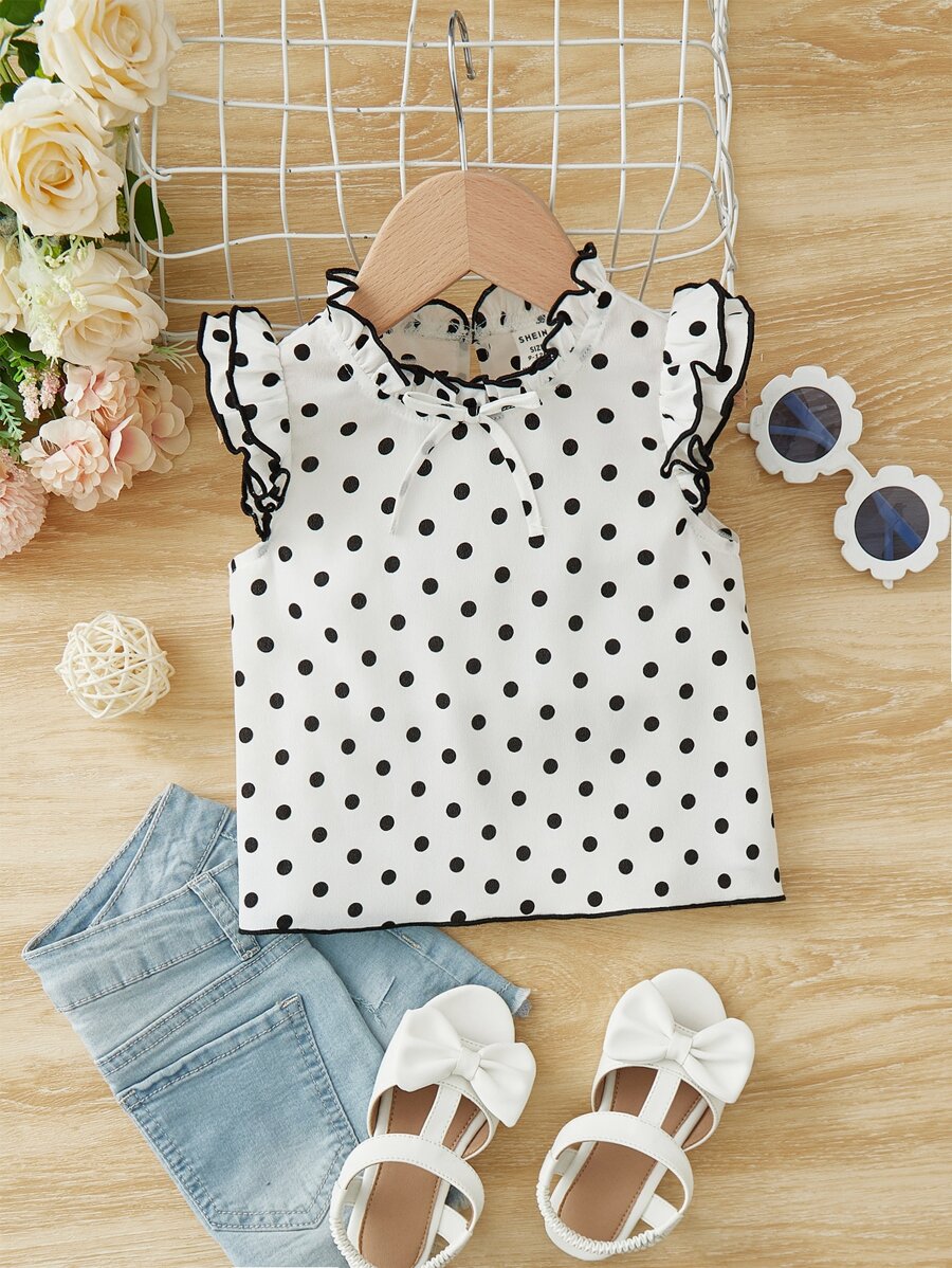 SHEIN Baby Girl Polka Dot Print Ruffle Trim Keyhole Back Contrast Binding Top - White - View 1