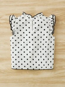 SHEIN Baby Girl Polka Dot Print Ruffle Trim Keyhole Back Contrast Binding Top - White - View 2