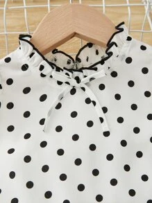 SHEIN Baby Girl Polka Dot Print Ruffle Trim Keyhole Back Contrast Binding Top - White - View 4