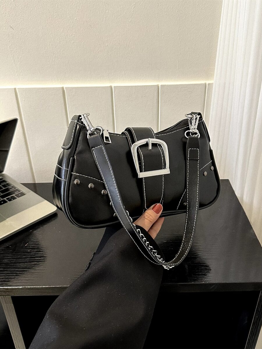 扣飾和鉚釘裝飾流浪包 - 黑色 - 查看 1