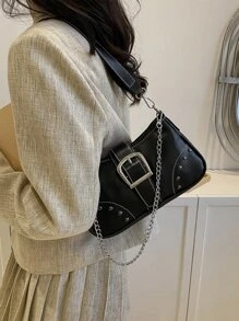 扣飾和鉚釘裝飾流浪包 - 黑色 - 查看 2