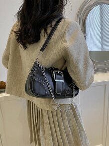 扣飾和鉚釘裝飾流浪包 - 黑色 - 查看 6