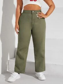 Plus High Waist Straight Leg Jeans - Army Green - View 1
