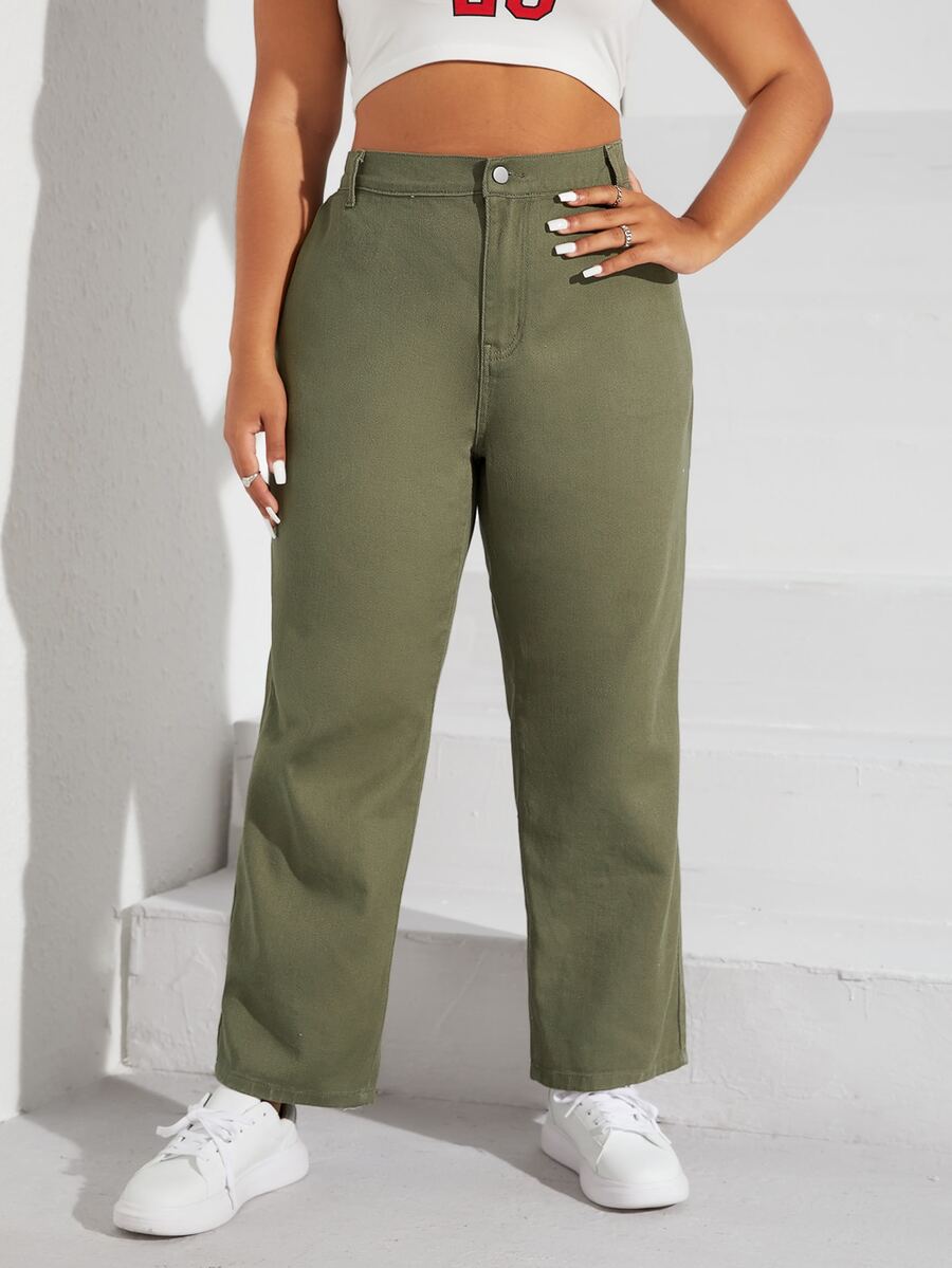 Plus High Waist Straight Leg Jeans - Army Green - View 1