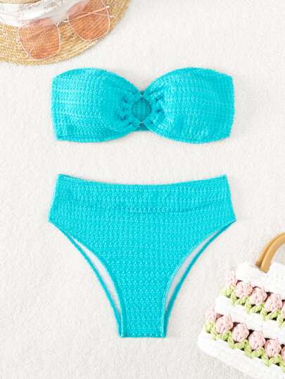 Ring Linked Bandeau Summer Beach Bikini Set