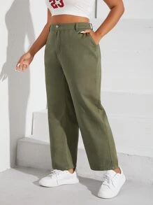 Plus High Waist Straight Leg Jeans - Army Green - View 5