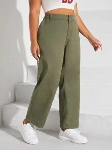 Plus High Waist Straight Leg Jeans - Army Green - View 4