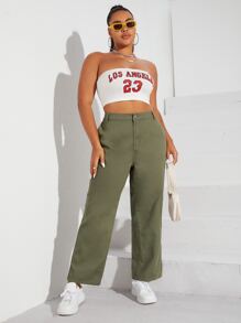 Plus High Waist Straight Leg Jeans - Army Green - View 2