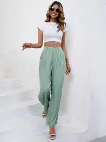 SHEIN Frenchy 素色高腰拼接細節闊腿西裝褲 - 薄荷綠 - 查看 1