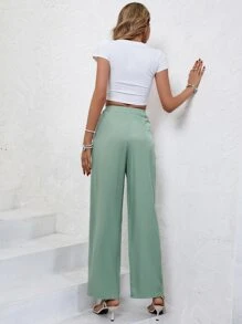 SHEIN Frenchy 素色高腰拼接細節闊腿西裝褲 - 薄荷綠 - 查看 2
