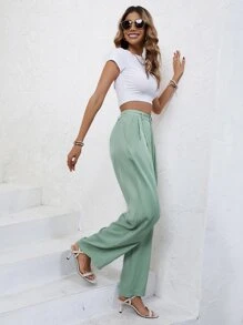 SHEIN Frenchy 素色高腰拼接細節闊腿西裝褲 - 薄荷綠 - 查看 4