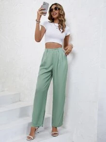 SHEIN Frenchy 素色高腰拼接細節闊腿西裝褲 - 薄荷綠 - 查看 5