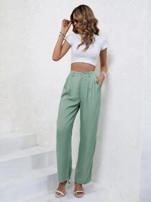 SHEIN Frenchy 素色高腰拼接細節闊腿西裝褲 - 薄荷綠 - 查看 6