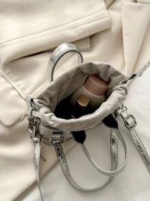 輕盈無負擔、商務休閒小型金屬鱷魚紋拉繩設計新奇包款，適合少女、女性、大學生、菜鳥和白領上班族，非常適合辦公室、大學、工作、商務、通勤、戶外、旅行、外出、時尚、潮流和街頭穿搭使用 - 銀色 - 查看 6