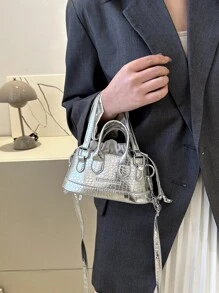 輕盈無負擔、商務休閒小型金屬鱷魚紋拉繩設計新奇包款，適合少女、女性、大學生、菜鳥和白領上班族，非常適合辦公室、大學、工作、商務、通勤、戶外、旅行、外出、時尚、潮流和街頭穿搭使用 - 銀色 - 查看 8