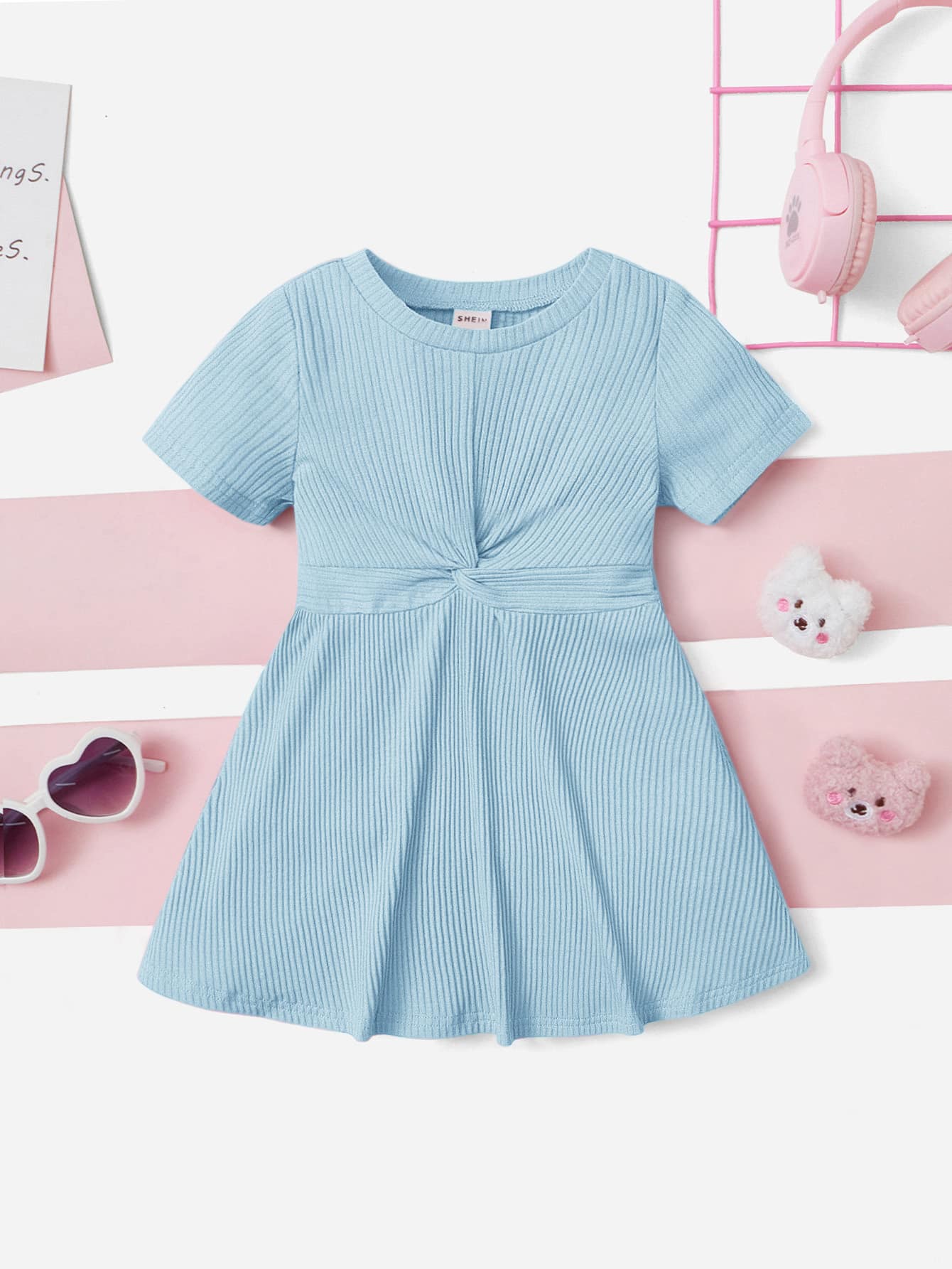 SHEIN Baby Ribbed Knit Twist Front Dress - Baby Blue - View 1