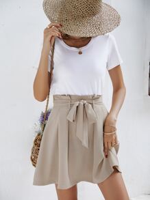 SHEIN Frenchy Váy nữ Quần paper-bag màu trơn Giải trí - Màu Khaki - Xem 4