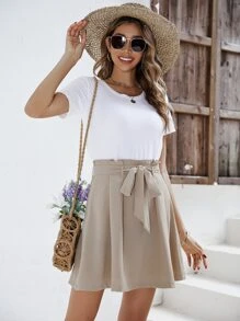 SHEIN Frenchy Váy nữ Quần paper-bag màu trơn Giải trí - Màu Khaki - Xem 6