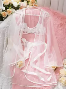 Floral Lace Underwire Lingerie Set With Robe - White - View 4