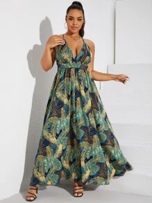 SHEIN VCAY Plus Size Boho Tropical Print Crisscross Backless Cami Dress, For Summer - Multicolor - View 7