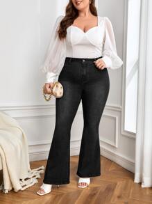 Plus High Waist Flare Leg Jeans - Black - View 4