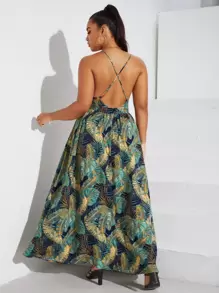 SHEIN VCAY Plus Size Boho Tropical Print Crisscross Backless Cami Dress, For Summer - Multicolor - View 8