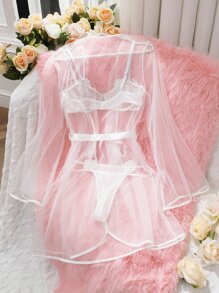 Floral Lace Underwire Lingerie Set With Robe - White - View 8