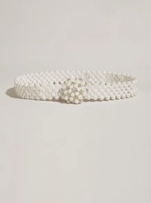 1pc Women Elegant Pearl Waist Chain, Fashionable Silver Rhinestone Floral Pearl Decorated Waist Belt For Evening Dress, Party, Wedding - White - View 3