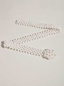 1pc Women Elegant Pearl Waist Chain, Fashionable Silver Rhinestone Floral Pearl Decorated Waist Belt For Evening Dress, Party, Wedding - White - View 2