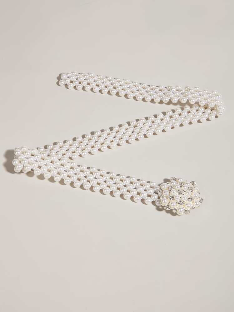 1pc Women Elegant Pearl Waist Chain, Fashionable Silver Rhinestone Floral Pearl Decorated Waist Belt For Evening Dress, Party, Wedding - White - View 2