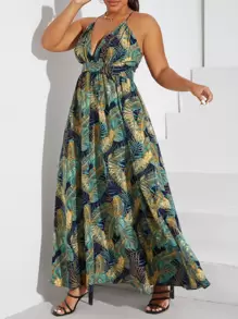 SHEIN VCAY Plus Size Boho Tropical Print Crisscross Backless Cami Dress, For Summer - Multicolor - View 5