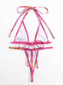 SHEIN Swim Tie Dye Bikini Set Halter Micro Triangle Bra & V-String Bikini Bottom 2 Pieces Bikini Summer Beach - Hot Pink - View 2