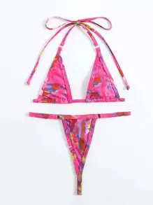 SHEIN Swim Tie Dye Bikini Set Halter Micro Triangle Bra & V-String Bikini Bottom 2 Pieces Bikini Summer Beach - Hot Pink - View 3