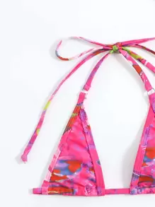 SHEIN Swim Tie Dye Bikini Set Halter Micro Triangle Bra & V-String Bikini Bottom 2 Pieces Bikini Summer Beach - Hot Pink - View 5