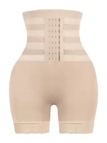 SHEIN High Waisted Lace Trim Seamless Shapewear Shorts For Women Firm Tummy Control Underwear - Apricot - View 1