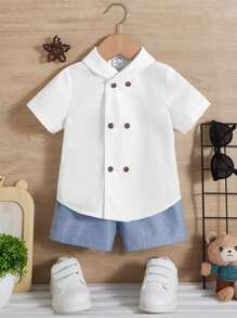 SHEIN Baby Boy Double Breasted Shirt & Shorts - Blue - View 9