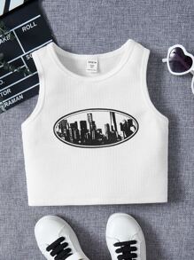 SHEIN Tween Girl Building Print Ribbed Knit Crop Tank Top - White - View 1